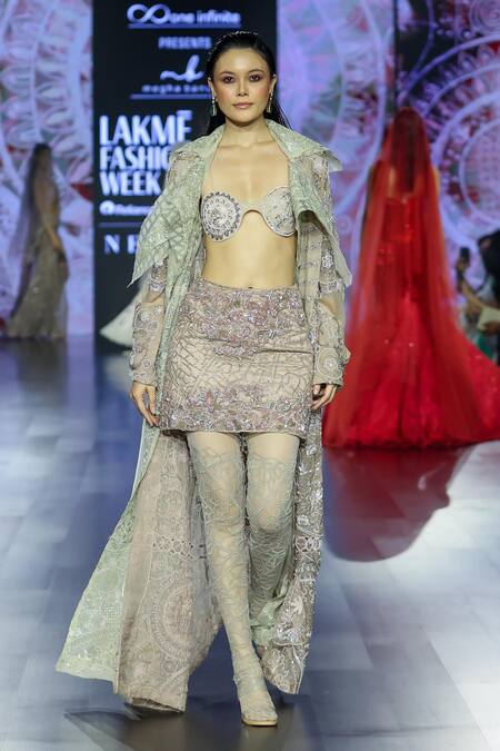 Buy_Megha Bansal_Rose Gold Silk Organza, Tulle Embroidery, Sequins Beckham Fusion Skirt Set _Online_at_Aza_Fashions