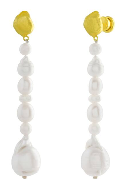 Shop_Arvino_Gold Plated Pearls Mishappened Danglers _Online_at_Aza_Fashions