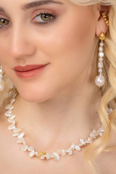 Arvino_Gold Plated Pearls Mishappened Danglers _at_Aza_Fashions