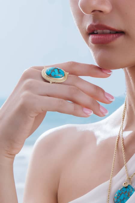 Buy_Arvino_Gold Plated Turquoise Emblem Ring _Online_at_Aza_Fashions