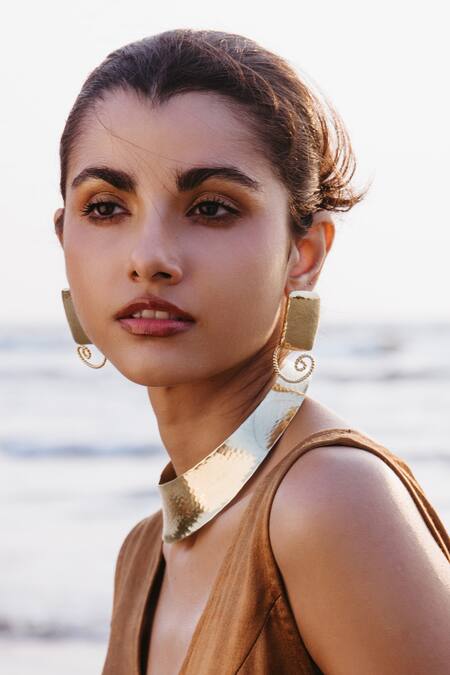 Arvino_Gold Plated Odyssey Twist Statement Earrings _at_Aza_Fashions