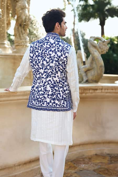 Seema Gujral Ivory Raw Silk Bundi Kurta Pant Set 