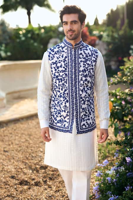 Seema Gujral_Ivory Silk Embroidery Raw Bundi Kurta Pant Set _Online_at_Aza_Fashions