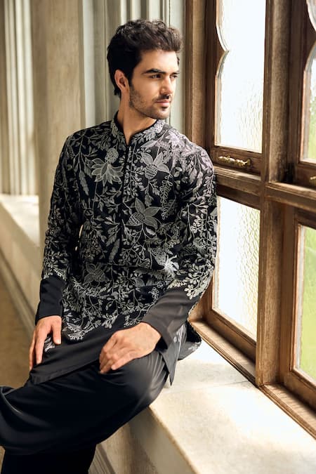 Shop_Seema Gujral_Black Crepe Embroidery Kurta Set _Online_at_Aza_Fashions