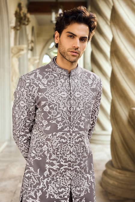 Buy_Seema Gujral_Gray Crepe Embroidery Grey Italian Sherwani Set _Online_at_Aza_Fashions