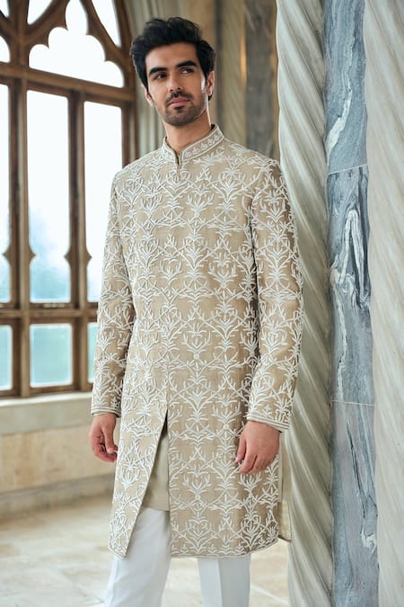 Buy_Seema Gujral_Brown Silk, Crepe Embroidery Designer Coffee Sherwani Set _Online_at_Aza_Fashions