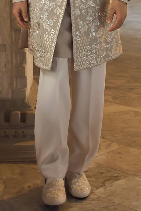 Seema Gujral_Beige Crepe, Silk Embroidery, Zari And Grey Designer Sherwani Set _Online_at_Aza_Fashions