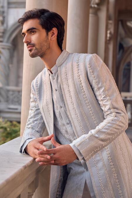 Seema Gujral Blue Silk, Crepe Embroidery Designer Powder Sherwani Set Online at Aza Fashions Seema Gujral_Blue Silk, Crepe Embroidery Designer Powder Sherwani Set _Online_at_Aza_Fashions