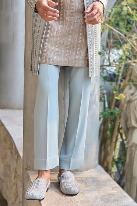 Seema Gujral_Sapphire Silk, Crepe Embroidery Sage Green Designer Sherwani Set _Online_at_Aza_Fashions