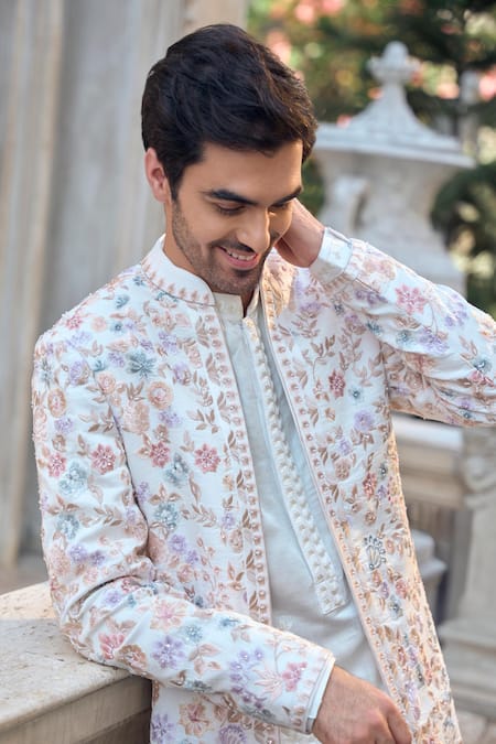 Buy_Seema Gujral_Multi Color Linen, Satin Embroidery Floral Sherwani Set _Online_at_Aza_Fashions