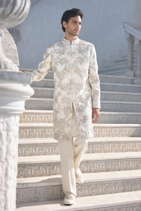 Seema Gujral Ivory Silk, Crepe Embroidery Textured Sherwani Set 
