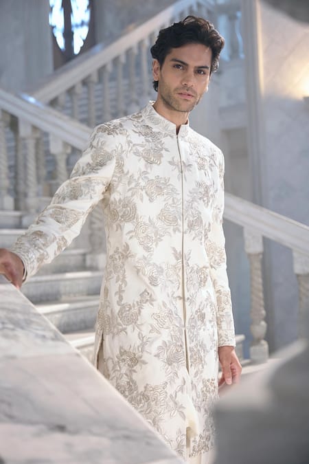 Buy_Seema Gujral_Ivory Silk, Crepe Embroidery Textured Sherwani Set _Online_at_Aza_Fashions