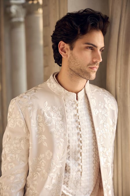 Seema Gujral_Beige Crepe Embroidery Sherwani And Kurta Set _Online_at_Aza_Fashions