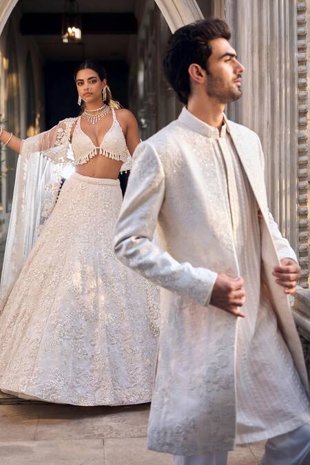 Buy_Seema Gujral_Cream Silk Embroidery Sherwani And Kurta Set _Online_at_Aza_Fashions