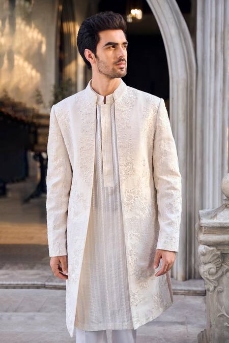 Shop_Seema Gujral_Cream Silk Embroidery Sherwani And Kurta Set _Online_at_Aza_Fashions