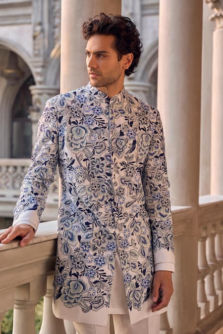 Shop_Seema Gujral_Ivory Silk Embroidery Designer Sherwani Set _Online_at_Aza_Fashions