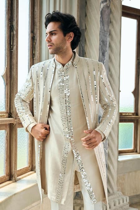 Seema Gujral_Beige Silk, Brocade Sequins, Mirrors Embellished Sherwani Set _Online_at_Aza_Fashions