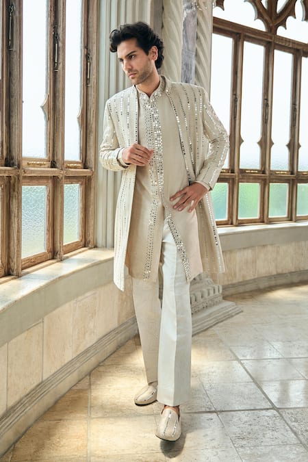 Seema Gujral Beige Silk, Brocade Sequins, Mirrors Embellished Sherwani Set 