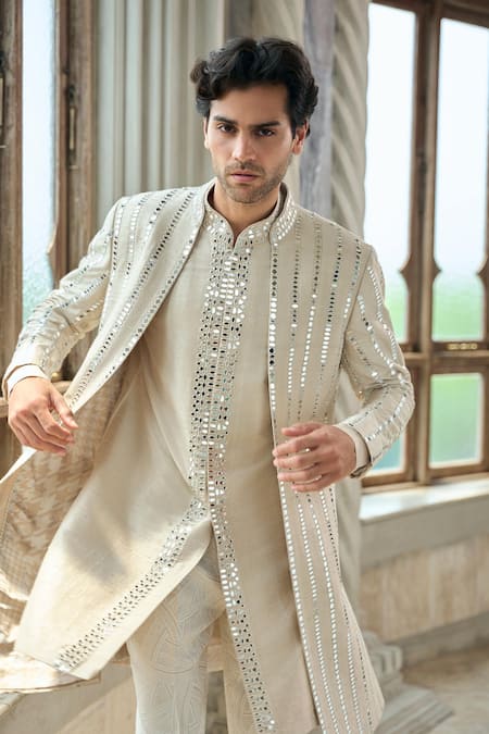 Buy_Seema Gujral_Beige Silk, Brocade Sequins, Mirrors Embellished Sherwani Set _Online_at_Aza_Fashions