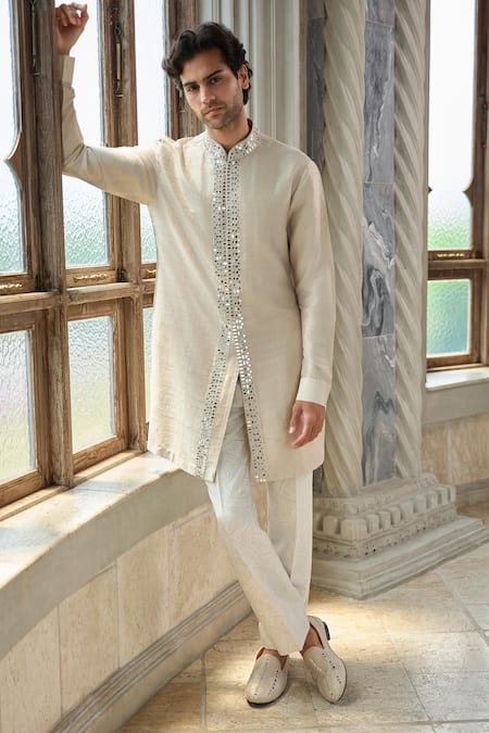 Seema Gujral_Beige Silk, Brocade Sequins, Mirrors Embellished Sherwani Set _at_Aza_Fashions