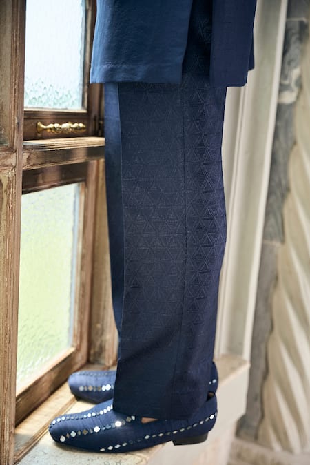 Seema Gujral_Blue Silk, Brocade Embroidery, Sequins Persian Sherwani And Pant Set _Online_at_Aza_Fashions