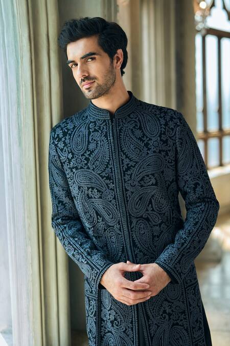 Buy_Seema Gujral_Black Crepe Embroidery Designer Sherwani Set _Online_at_Aza_Fashions