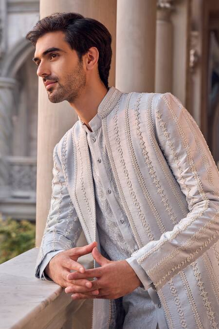 Buy Seema Gujral Blue Silk, Crepe Embroidery Powder Sherwani Set Online at Aza Fashions Buy_Seema Gujral_Blue Silk, Crepe Embroidery Powder Sherwani Set _Online_at_Aza_Fashions