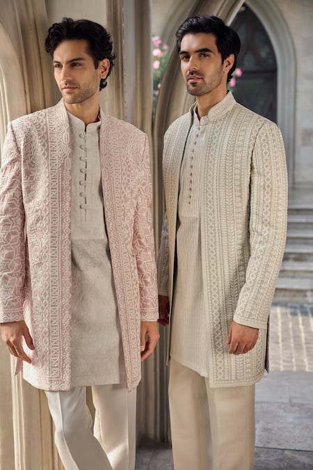 Shop Seema Gujral Blush Silk, Brocade Embroidery Dusty Rose Sherwani Set Online at Aza Fashions Shop_Seema Gujral_Blush Silk, Brocade Embroidery Dusty Rose Sherwani Set _Online_at_Aza_Fashions