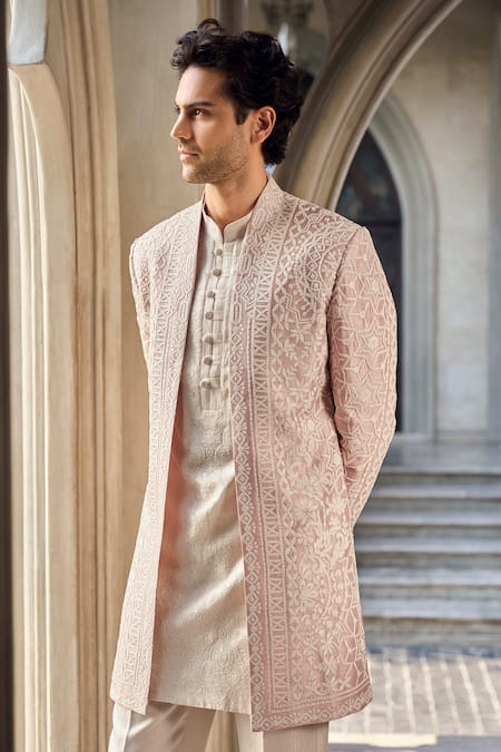Seema Gujral Blush Silk, Brocade Embroidery Dusty Rose Sherwani Set at Aza Fashions Seema Gujral_Blush Silk, Brocade Embroidery Dusty Rose Sherwani Set _at_Aza_Fashions