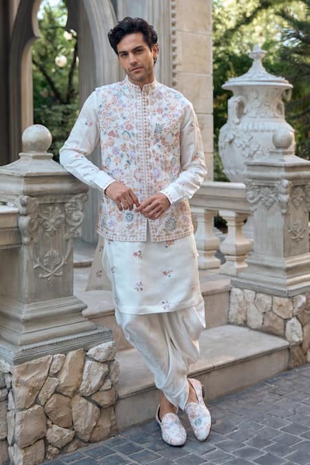 Seema Gujral Multi Color Linen, Satin Embroidery Floral Bundi Kurta Set 