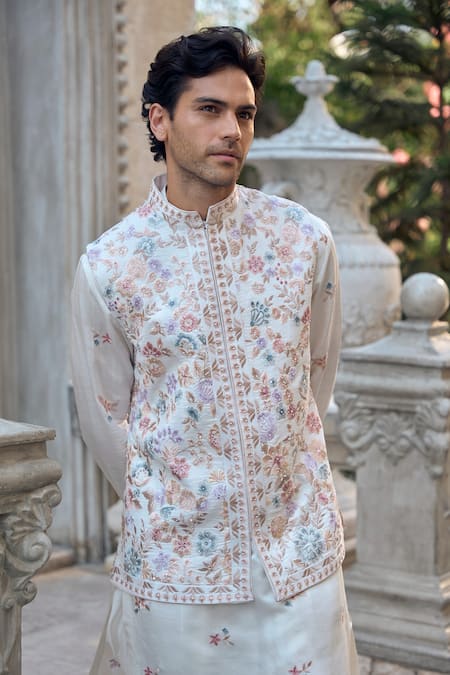 Shop_Seema Gujral_Multi Color Linen, Satin Embroidery Floral Bundi Kurta Set _Online_at_Aza_Fashions