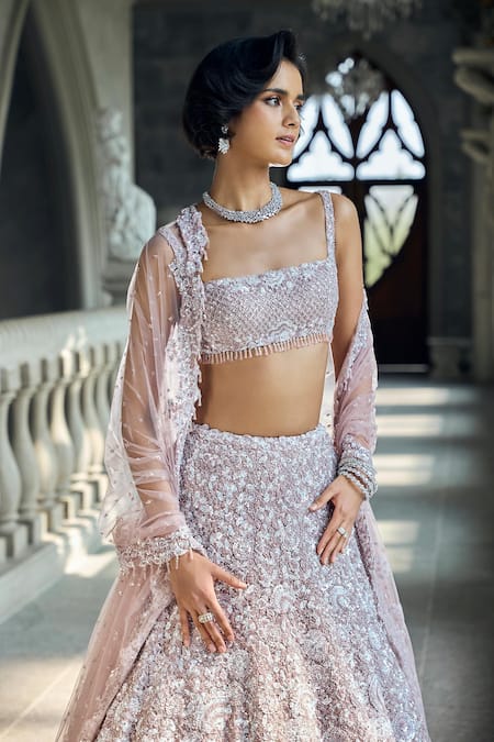 Seema Gujral_Mauve Net Sequins, Beads Square Neck Lehenga Set _Online_at_Aza_Fashions