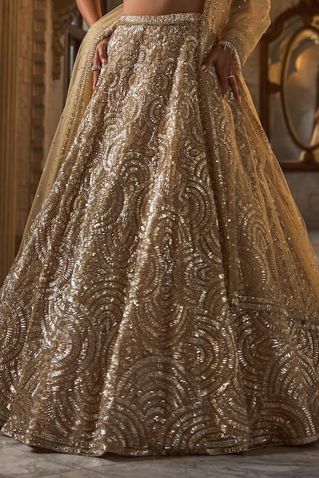 Shop_Seema Gujral_Gold Net Sequins, Beads V-neck Lehenga Set _Online_at_Aza_Fashions