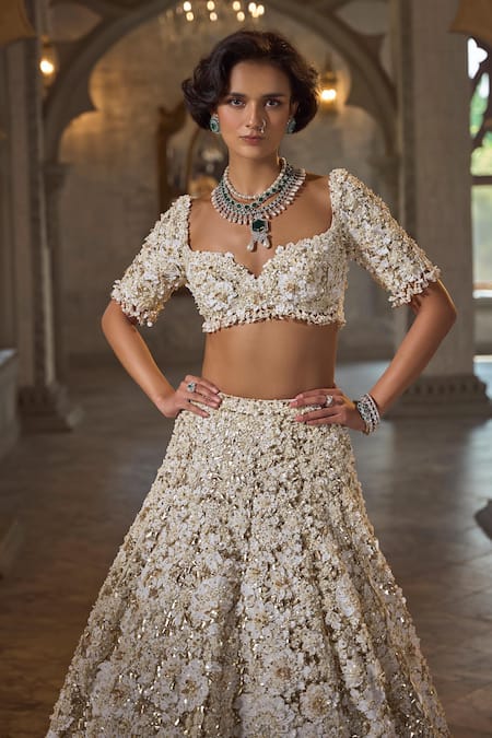 Seema Gujral_Ivory Net Embroidery, Beads, Sequins Sweetheart Three-dimensional Lehenga Set _Online_at_Aza_Fashions