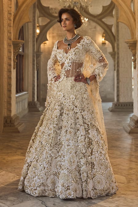 Seema Gujral Ivory Net Embroidery, Beads, Sequins Sweetheart Three-dimensional Lehenga Set 