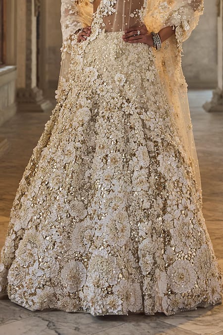 Buy_Seema Gujral_Ivory Net Embroidery, Beads, Sequins Sweetheart Three-dimensional Lehenga Set _Online_at_Aza_Fashions