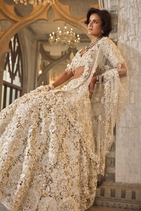 Shop_Seema Gujral_Ivory Net Embroidery, Beads, Sequins Sweetheart Three-dimensional Lehenga Set _Online_at_Aza_Fashions