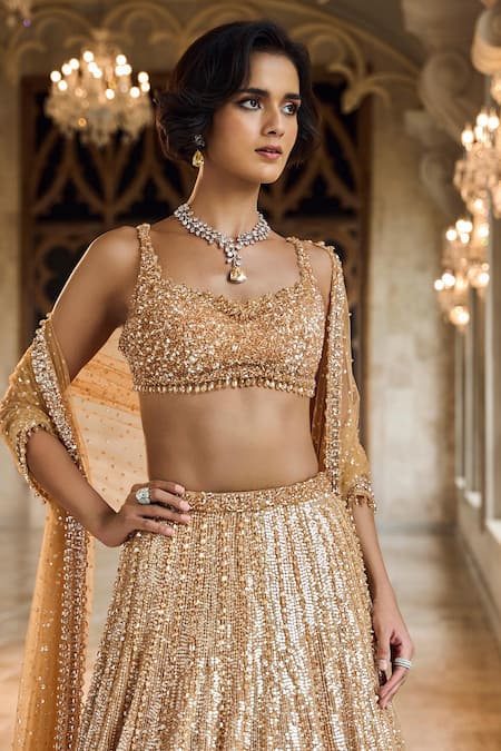 Buy_Seema Gujral_Gold Net Sequins, Beads Round Neck Crystal Lehenga Set _Online_at_Aza_Fashions