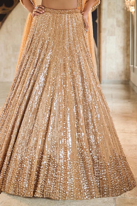Shop_Seema Gujral_Gold Net Sequins, Beads Round Neck Crystal Lehenga Set _Online_at_Aza_Fashions