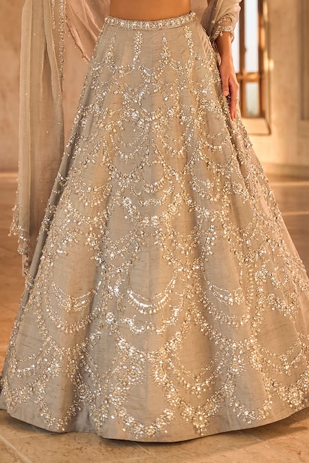 Shop_Seema Gujral_Silver Net Sequins, Embroidery, Beads Sweetheart Neck Chandelier Lehenga Set _Online_at_Aza_Fashions