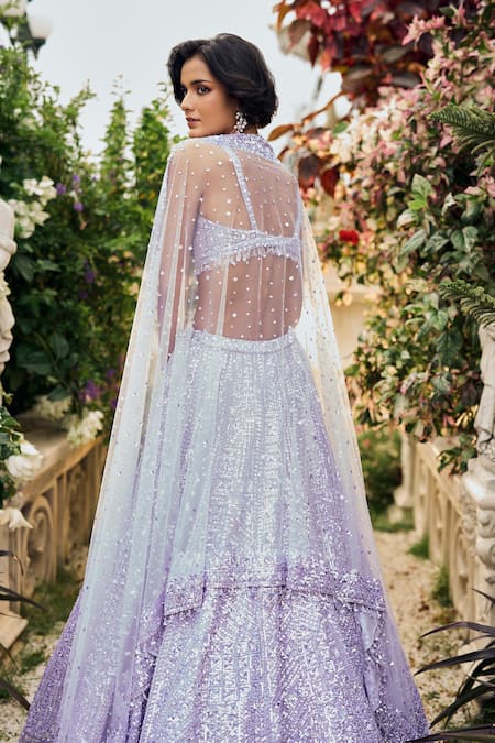 Shop_Seema Gujral_Lavender Net Sequins Sweetheart Neck Lehenga Set _at_Aza_Fashions