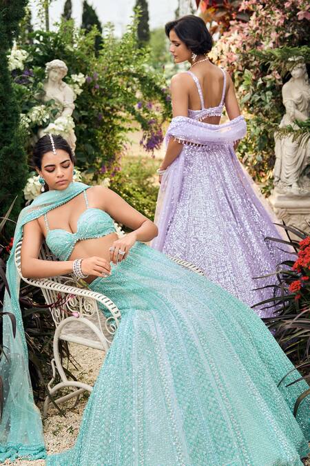 Seema Gujral_Lavender Net Sequins Sweetheart Neck Lehenga Set _Online_at_Aza_Fashions
