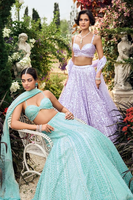 Buy_Seema Gujral_Lavender Net Sequins Sweetheart Neck Lehenga Set _Online_at_Aza_Fashions