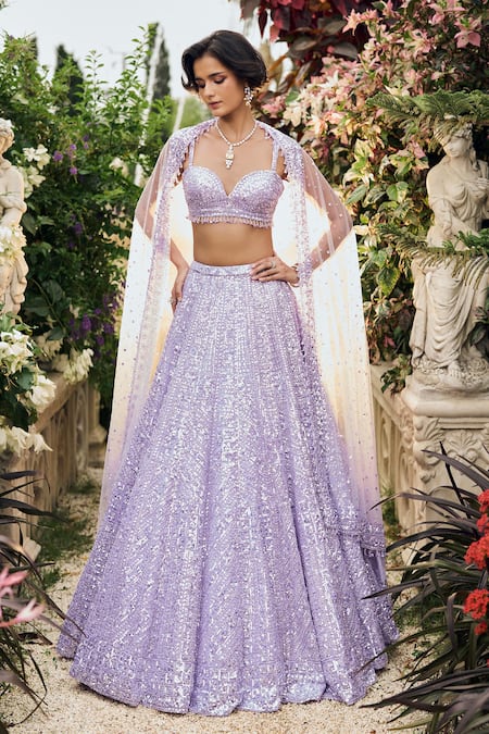 Seema Gujral Lavender Net Sequins Sweetheart Neck Lehenga Set 