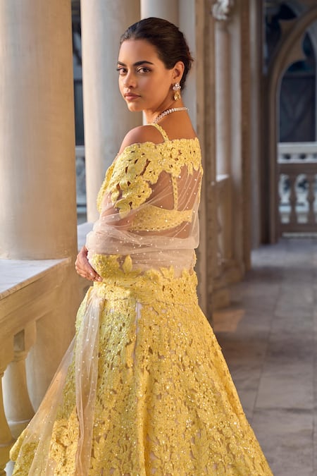 Shop_Seema Gujral_Yellow Net Sequins, Cut Work Round Neck Lehenga Set _at_Aza_Fashions