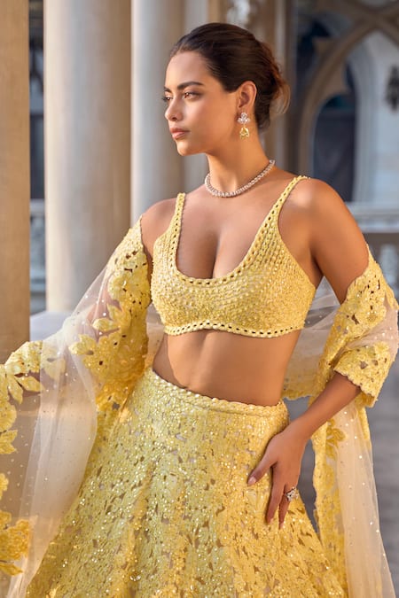 Seema Gujral_Yellow Net Sequins, Cut Work Round Neck Lehenga Set _Online_at_Aza_Fashions