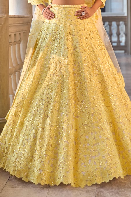 Buy_Seema Gujral_Yellow Net Sequins, Cut Work Round Neck Lehenga Set _Online_at_Aza_Fashions