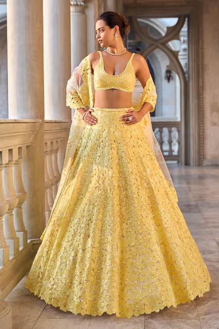 Shop_Seema Gujral_Yellow Net Sequins, Cut Work Round Neck Lehenga Set _Online_at_Aza_Fashions