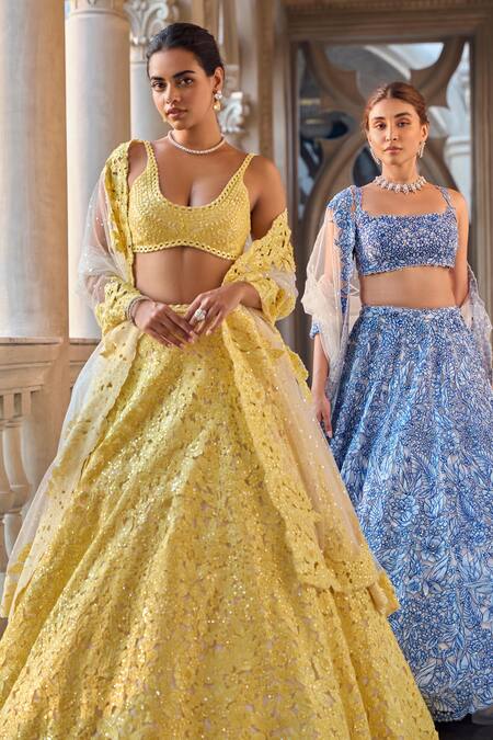 Seema Gujral_Yellow Net Sequins, Cut Work Round Neck Lehenga Set _at_Aza_Fashions