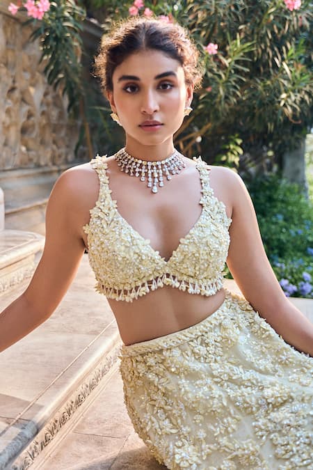 Seema Gujral_Yellow Net Beads, Sequins, Embroidery Plunge Neck Three-dimensional Lehenga Set _Online_at_Aza_Fashions